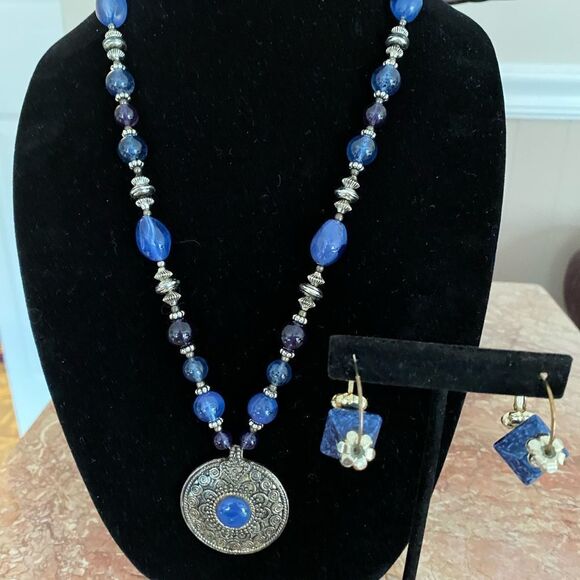 Preloved Silver Tone & Blue Medallion Necklace & Earring Set | Boho Jewelry - Picture 1 of 7